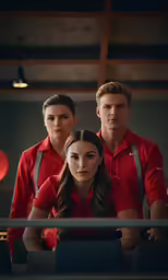 two men and a woman with red shirts on