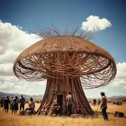 a group of people standing around a tree stump