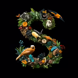 an alphabet letter with birds, plants and flowers