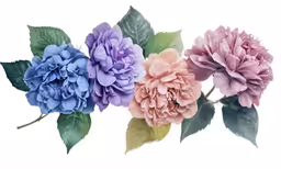 three purple and one blue flowers on top of leaves