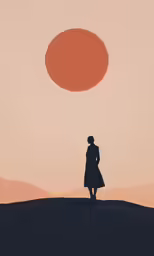 a woman standing on a hill with a sun in the background