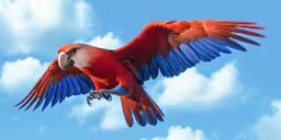 an orange and blue parrot flies through the air