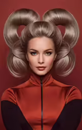 a blonde woman with long hair wearing red and black top