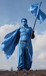 a statue is dressed in blue holding flags