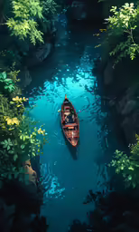 an overhead view of a small boat on a river