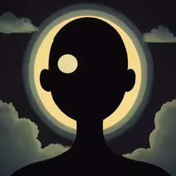 the silhouettes of a man are reflected in an illustration,a silhouette picture of the head and the full moon