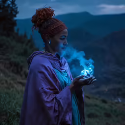 a woman holding a lit fire is standing on the hill