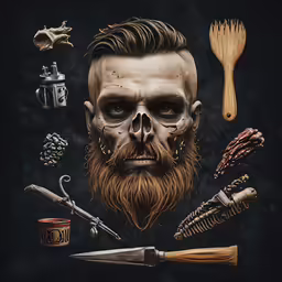 a man with a full face in a skeleton face and a beard with scissors and a cup of cinnamon