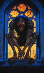 a painting of a creepy man leaning against a window
