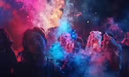 many people are blowing colored powder in the dark