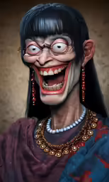 a close up of a creepy woman wearing beads and earrings