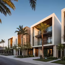 there is an elegant modern building with tropical trees in front