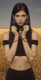 a woman wearing jewelry stands in the middle of a field