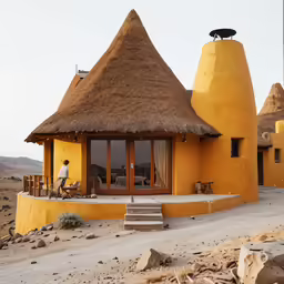 a yellow building has a roof made of thatch