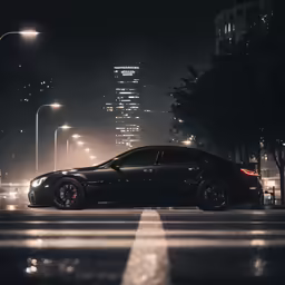 a black car in the middle of a city street