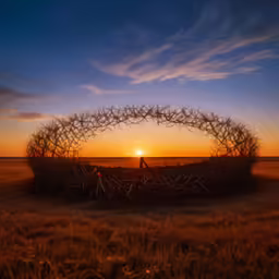 the sun sets over an area with some type of plant