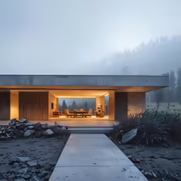 a house with two long tables in front of it