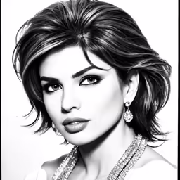 a woman with dark hair wearing a necklace and earrings