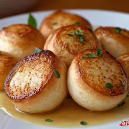plate of small bread cakes with brown sauce and green leaves