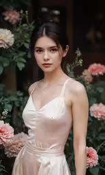 a woman standing in front of some pink flowers