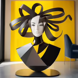 the woman is standing on a pedestal with ribbons around her head