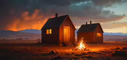 two small cabin houses sitting side by side at sunset,an image of two cabins sitting by the fire