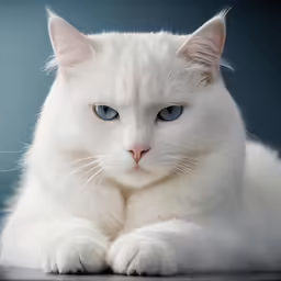 a white cat with blue eyes and an intense look