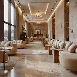 this is an empty lobby with couches, lamps and windows