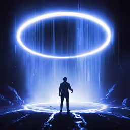 a person stands in front of a neon ring
