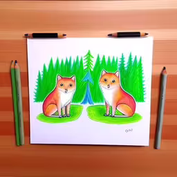 there is a drawing with two foxes in the grass