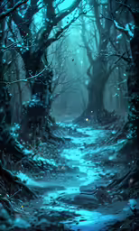 a fantasy forest with a stream running through it