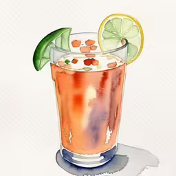 a cocktail with lime slices and garnish on it,watercolor painting of a watercolor drink with lime, pepper and lime slices
