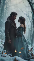 the girl and the prince in a snow - covered forest,a man and woman standing next to each other in the snow