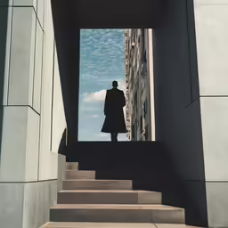 a view of a person walking down some stairs