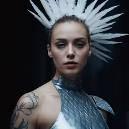 a woman with a huge white headpiece