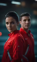 a beautiful young lady and man in red