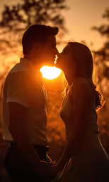a couple is kissing during sunset in the wilderness