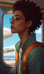 a young girl looking out the window of an airplane,a woman with glasses sitting by a window