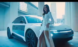 a woman in white dress next to white car