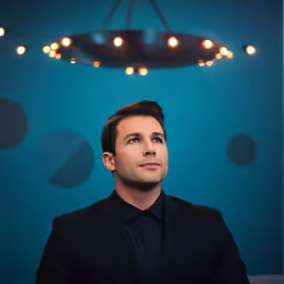 a man looking up while wearing a black shirt and jacket