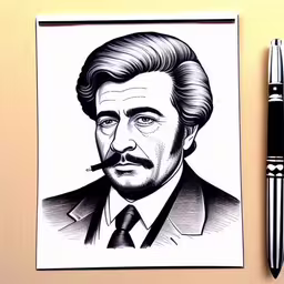 a drawing of a man with a cigarette in his mouth,a drawing of a man in suit with a cigarette,a hand drawing of actor john wayne as james fox by a stylus,a man with a cigarette is seen on this art print,a drawing of a man with beard and mustache