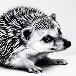 black and white photograph of a baby hedgehog