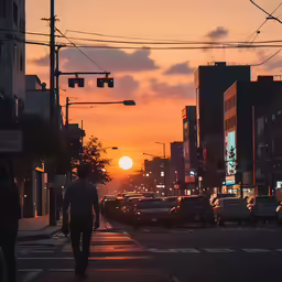 a man is walking across the street at sunset