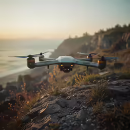 an air plane flying over a rocky cliff next to the ocean