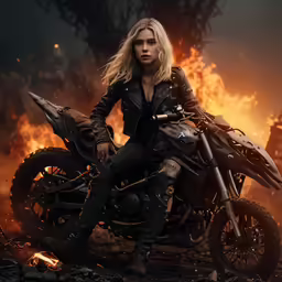 a woman wearing black sitting on a motorcycle