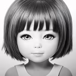 a doll has long black hair and is wearing a white top