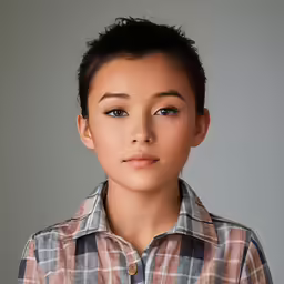 an asian woman with short hair is wearing a plaid shirt