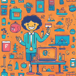an art print of a woman in blue standing in front of the same furniture,a drawing of a woman holding a brush and potted plant