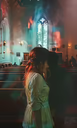 woman and man standing in front of pews with lights at the end