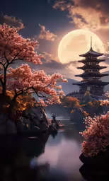 there is a beautiful scene that depicts a full moon rising over the mountains